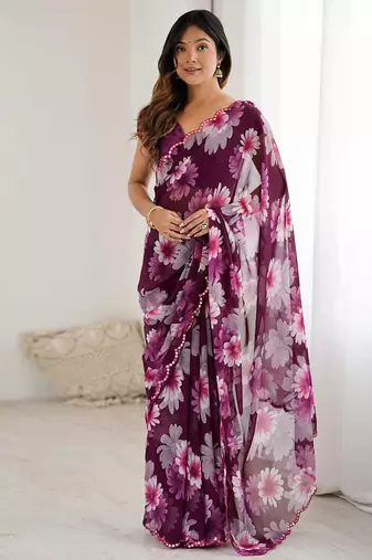 wine georgette mirror work saree