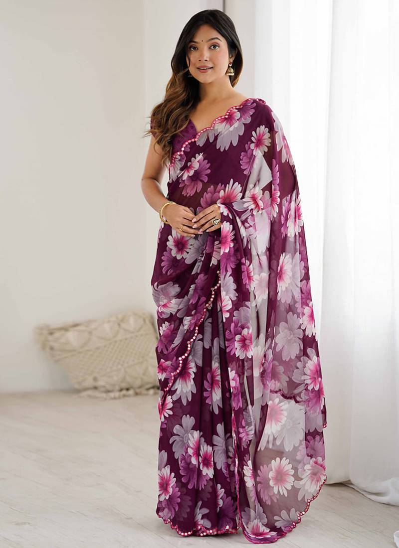 wine georgette mirror work saree