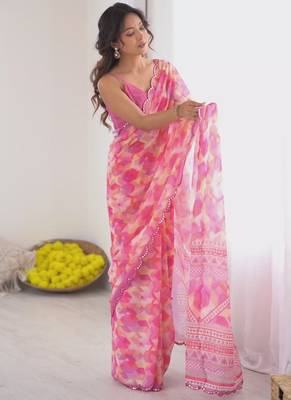pink georgette mirror work saree 1