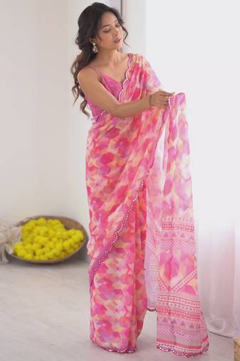 pink georgette mirror work saree