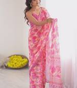 pink georgette mirror work saree