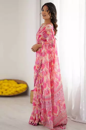 pink georgette mirror work saree