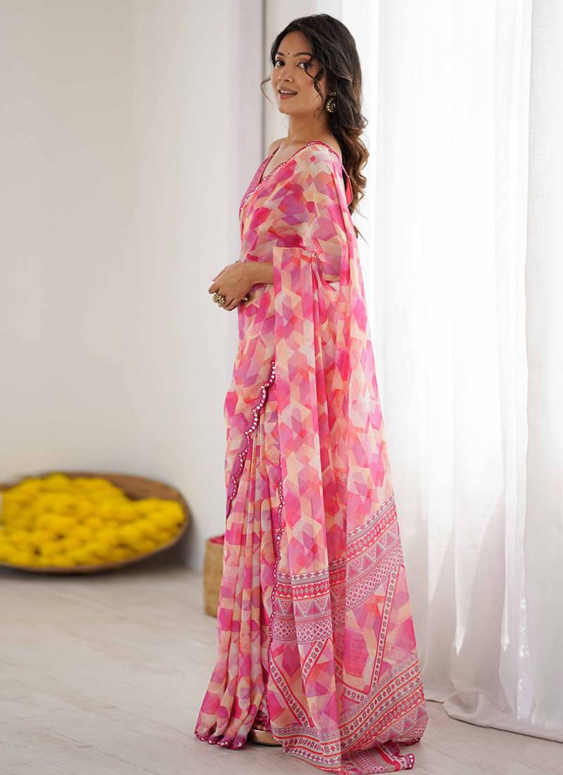 pink georgette mirror work saree