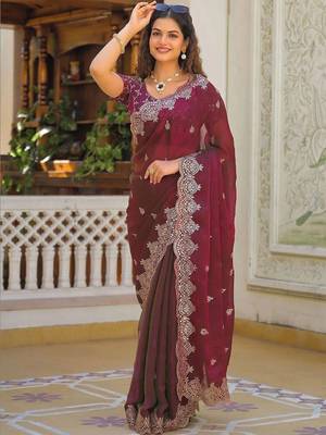 Burgundy pure chiffon embellished saree with blouse 1