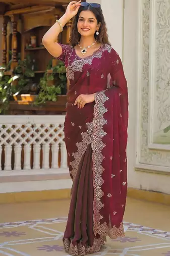 Burgundy pure chiffon embellished saree with blouse