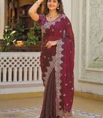 Burgundy pure chiffon embellished saree with blouse