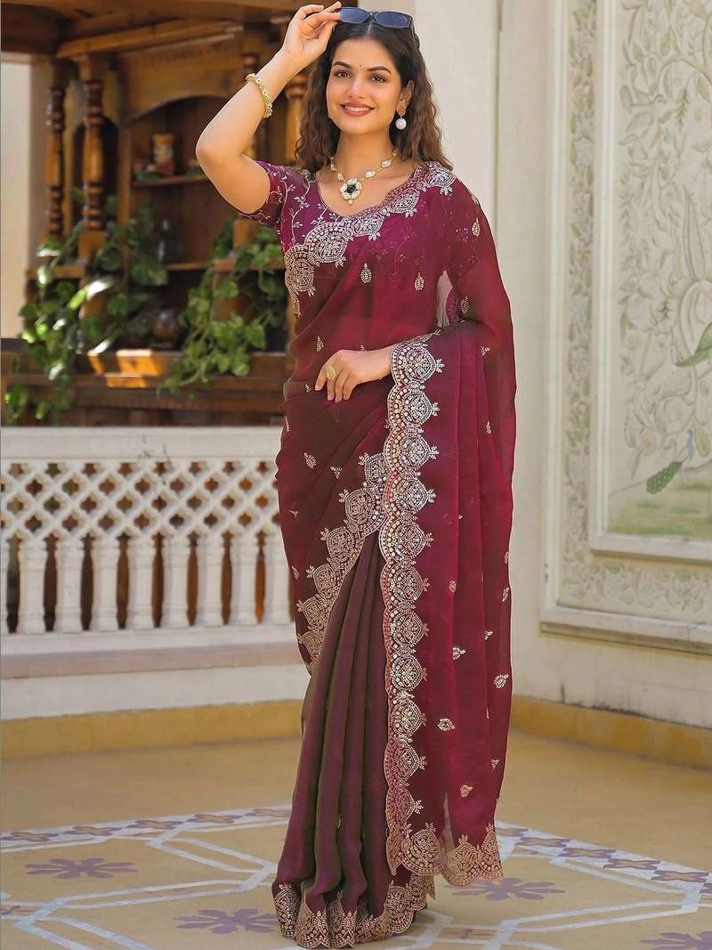 Burgundy pure chiffon embellished saree with blouse