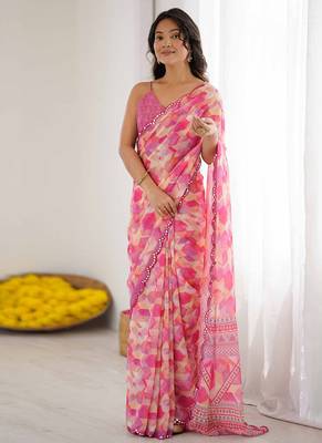 pink georgette mirror work saree 3