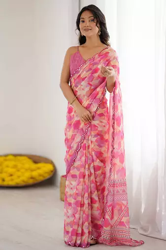 pink georgette mirror work saree