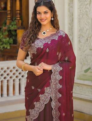 Burgundy pure chiffon embellished saree with blouse 2