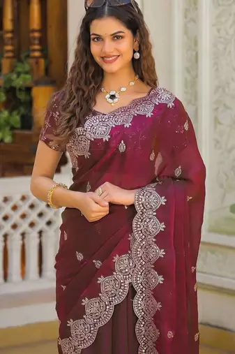 Burgundy pure chiffon embellished saree with blouse