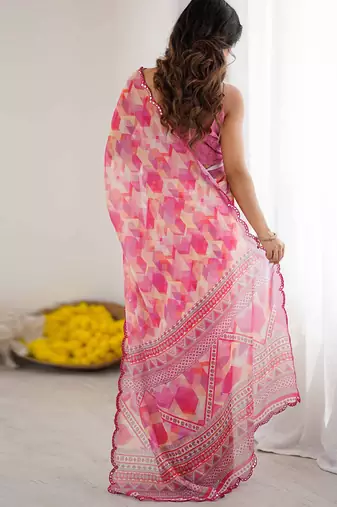 pink georgette mirror work saree