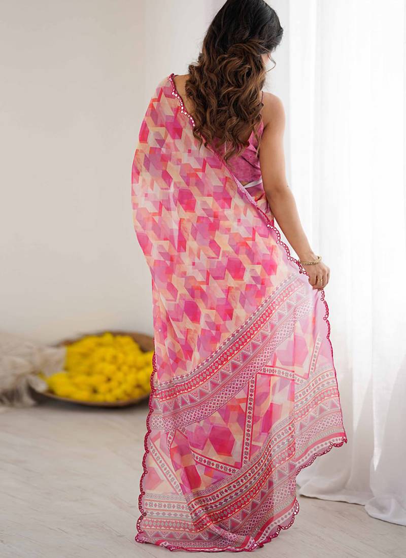 pink georgette mirror work saree