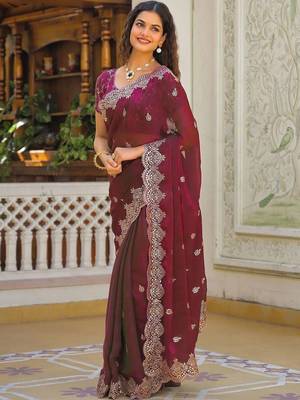 Burgundy pure chiffon embellished saree with blouse 3