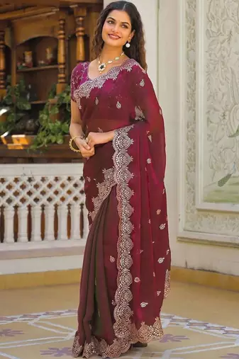 Burgundy pure chiffon embellished saree with blouse