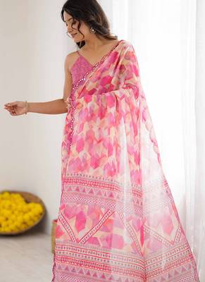 pink georgette mirror work saree 5