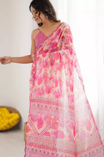 pink georgette mirror work saree