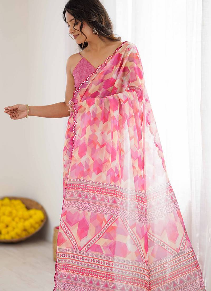 pink georgette mirror work saree