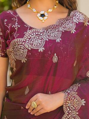 Burgundy pure chiffon embellished saree with blouse 4