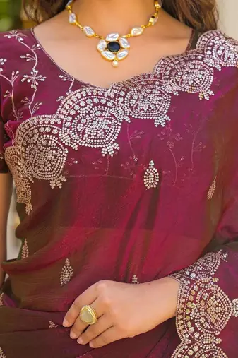 Burgundy pure chiffon embellished saree with blouse