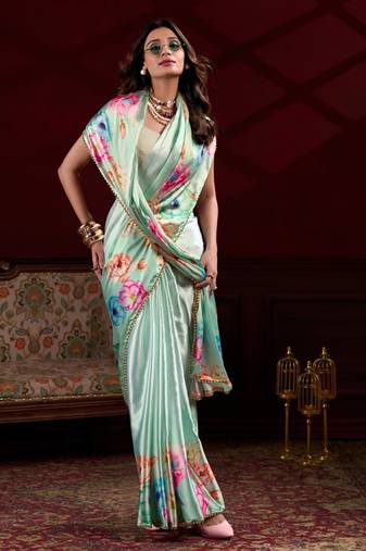 turquoise smooth japan satin mirror work satin saree