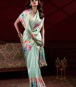 turquoise smooth japan satin mirror work satin saree