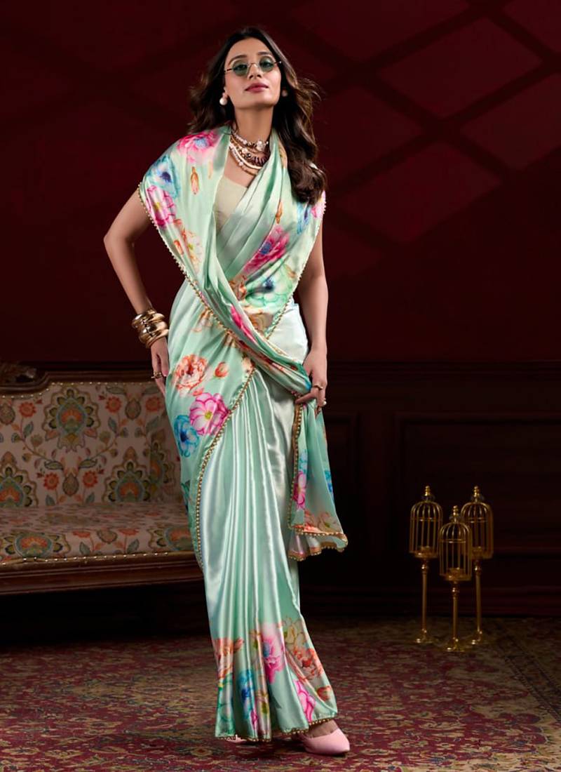 turquoise smooth japan satin mirror work satin saree