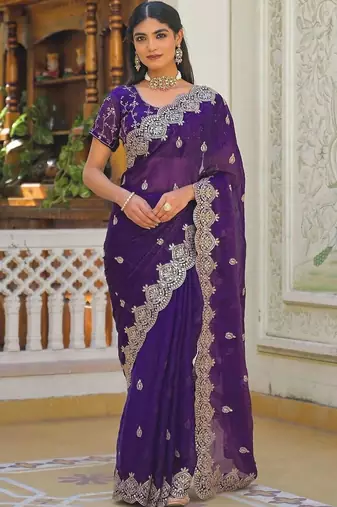 Purple pure chiffon embroidered saree with blouse