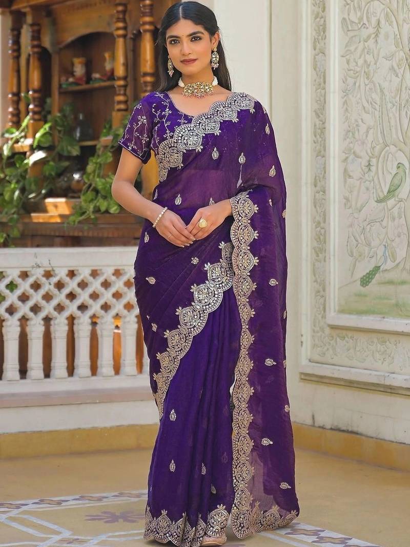 Purple pure chiffon embroidered saree with blouse