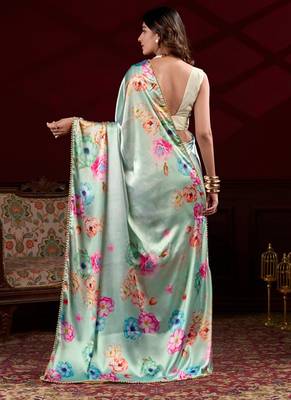turquoise smooth japan satin mirror work satin saree 2