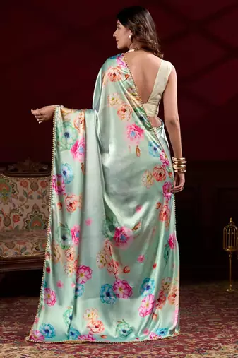 turquoise smooth japan satin mirror work satin saree