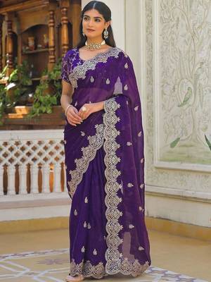 Purple pure chiffon embroidered saree with blouse 2