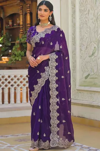Purple pure chiffon embroidered saree with blouse