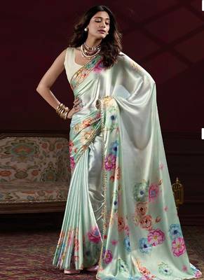 turquoise smooth japan satin mirror work satin saree 3