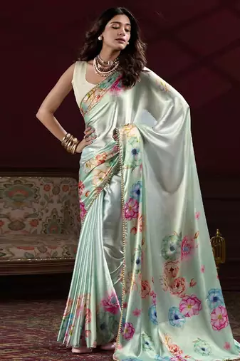 turquoise smooth japan satin mirror work satin saree