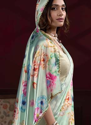 turquoise smooth japan satin mirror work satin saree 4