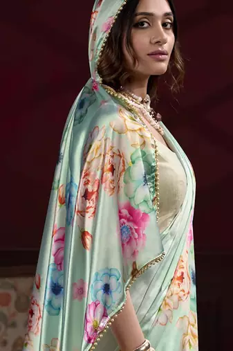 turquoise smooth japan satin mirror work satin saree