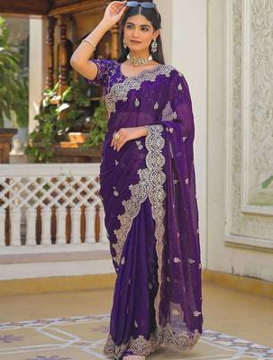 Purple pure chiffon embroidered saree with blouse 3