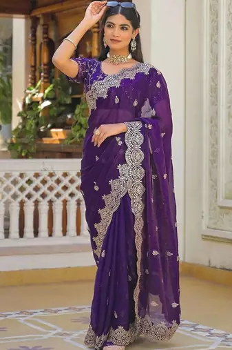 Purple pure chiffon embroidered saree with blouse