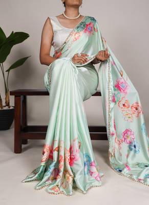 turquoise smooth japan satin mirror work satin saree 5