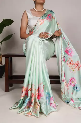 turquoise smooth japan satin mirror work satin saree