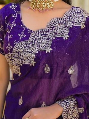 Purple pure chiffon embroidered saree with blouse 4