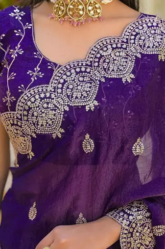Purple pure chiffon embroidered saree with blouse