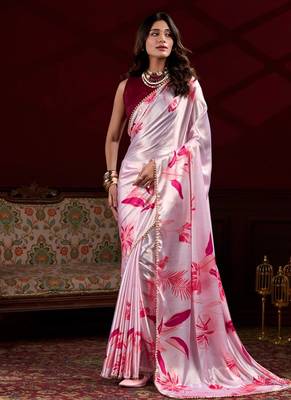 pink smooth japan satin mirror work satin saree 1