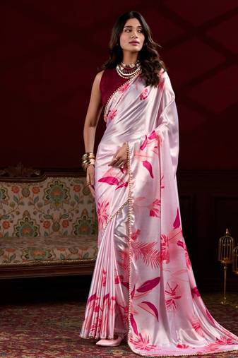 pink smooth japan satin mirror work satin saree