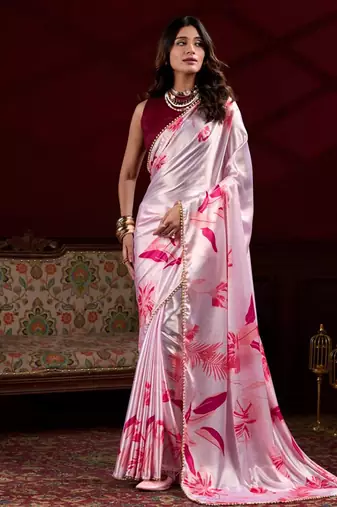pink smooth japan satin mirror work satin saree
