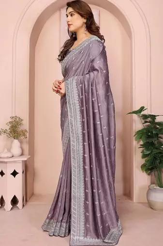 Lavender silk blend embellished saree with blouse