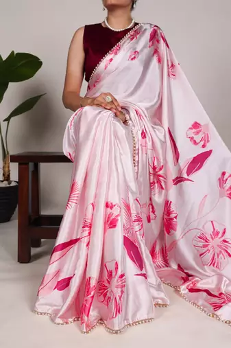 pink smooth japan satin mirror work satin saree