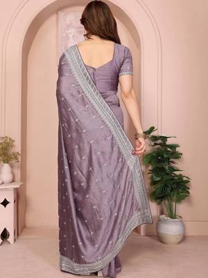 Lavender silk blend embellished saree with blouse 3