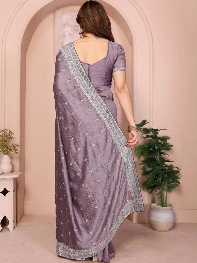 Lavender silk blend embellished saree with blouse